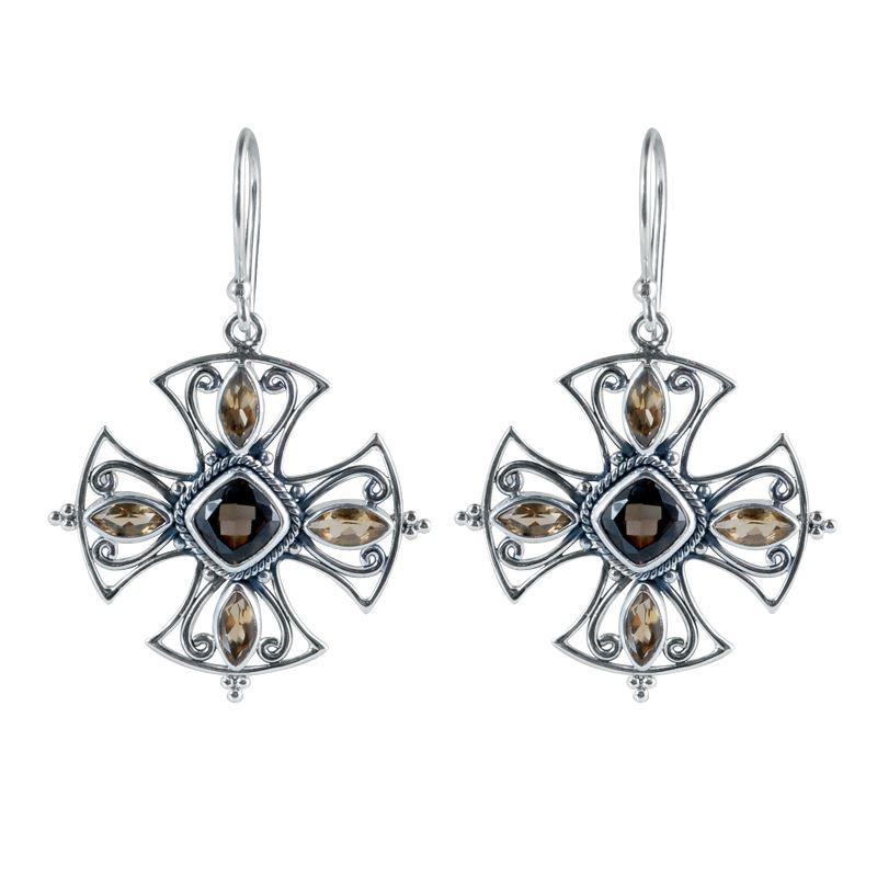 Sterling Silver Cross Earrings With Smoky Quartz Center And Citrine Quartz Marquise Accents.