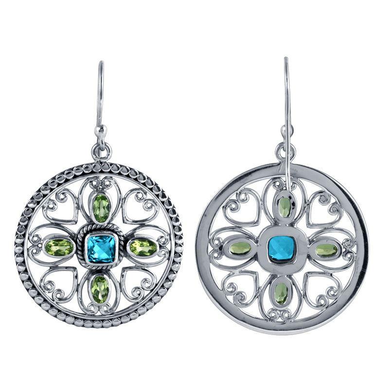 Sterling Silver Mandala Earrings With Blue Topaz Quartz Center And Peridot Quartz Marquise Accents.