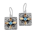 Sterling Silver Square Earrings With Blue Topaz Quartz Center And Citrine Quartz Floral Accents.