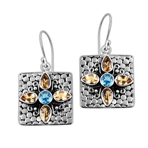 Sterling Silver Square Earrings With Blue Topaz Quartz Center And Citrine Quartz Floral Accents.