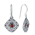 Sterling Silver Diamond Earrings With Garnet Quartz Center And Floral Dot Scroll Design.