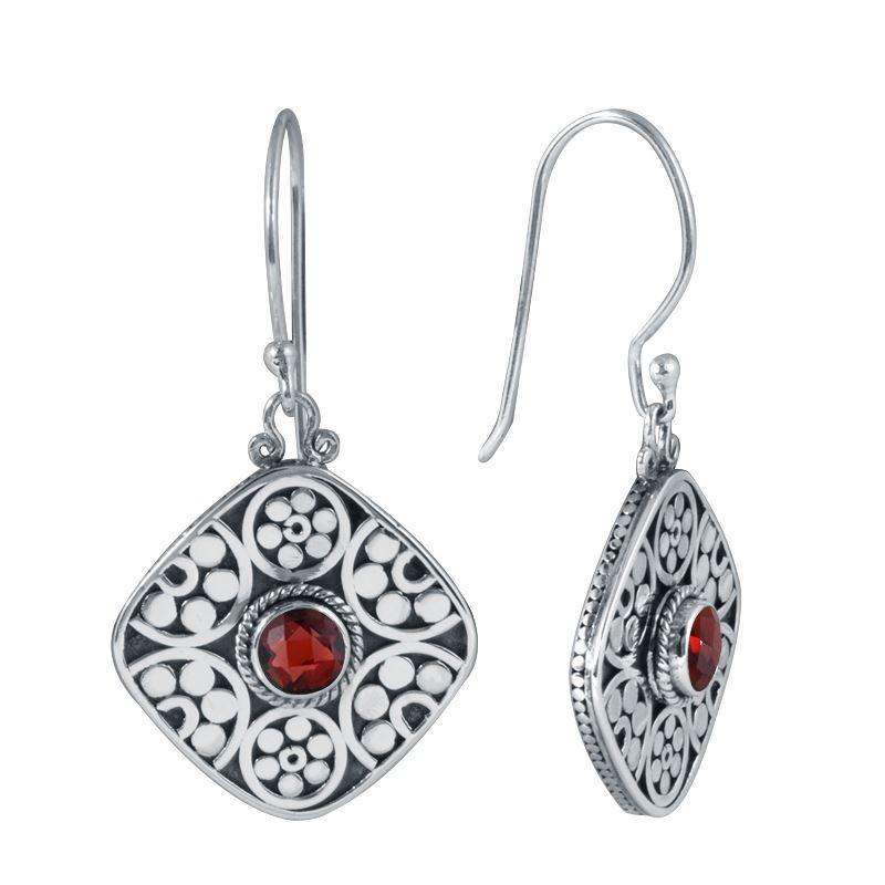 Sterling Silver Diamond Earrings With Garnet Quartz Center And Floral Dot Scroll Design.