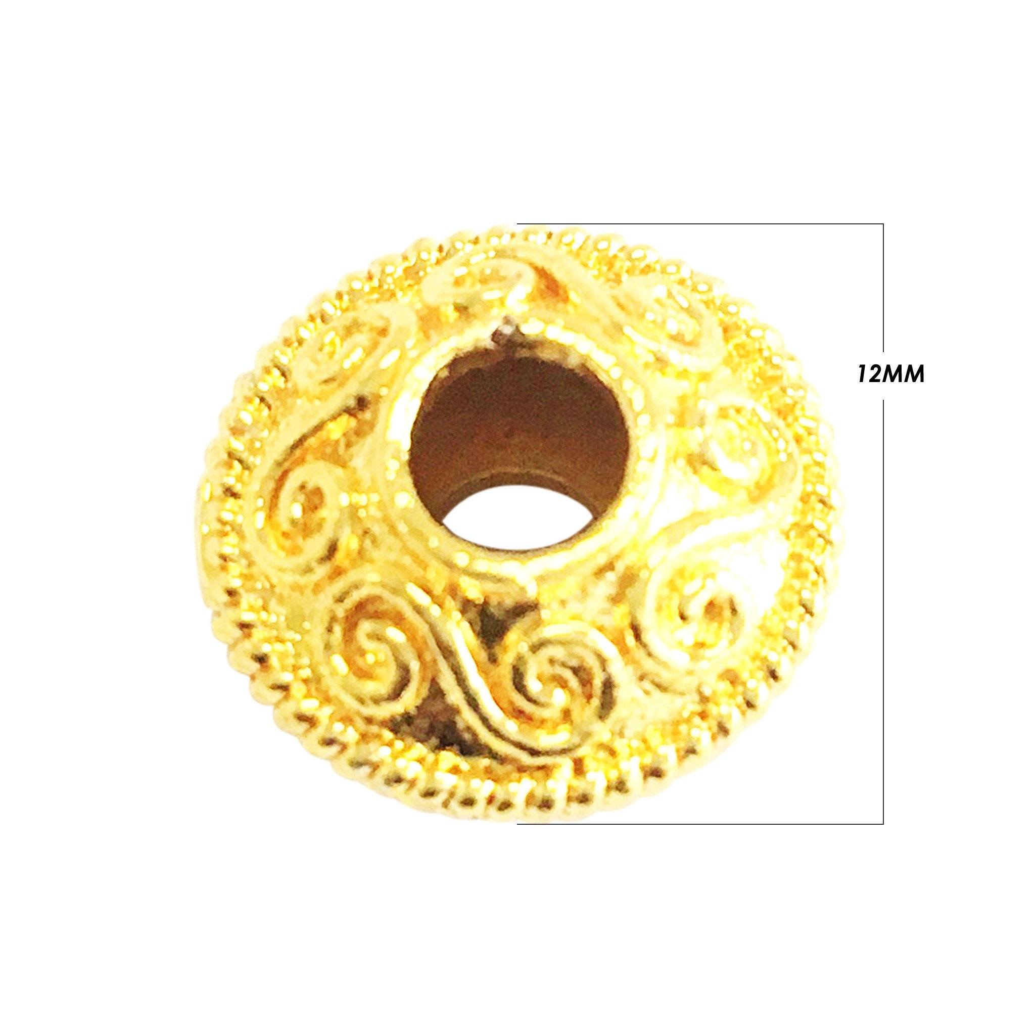 18K gold overlay large hole Bali spacer bead handcrafted in India with scroll pattern design for wholesale jewelry making