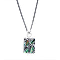 Sterling Silver Bali Handcrafted Rectangular Abalone Shell Pendant Necklace With Decorative Finish.