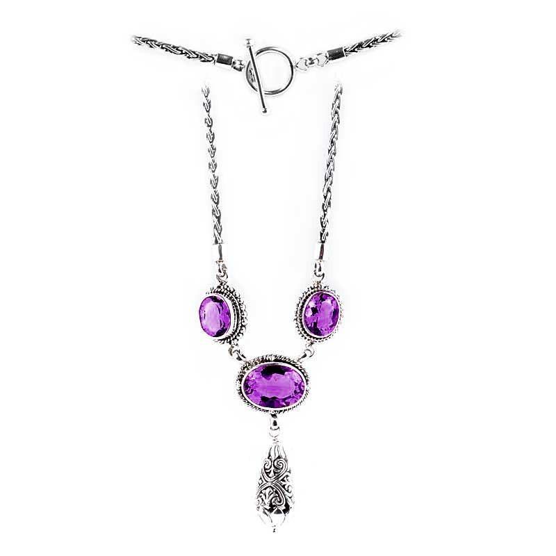 Sterling Silver Bali Handcrafted Amethyst Quartz Pendant Necklace With Decorative Finish.