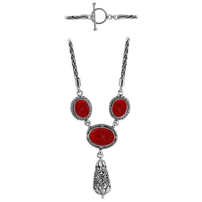Sterling Silver Bali Handcrafted Red Coral Pendant Necklace With Decorative Finish.