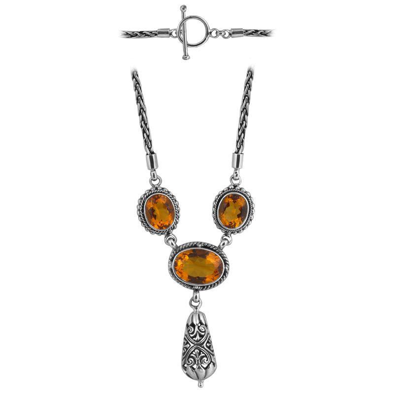 Sterling Silver Bali Handcrafted Citrine Quartz Pendant Necklace With Decorative Finish.