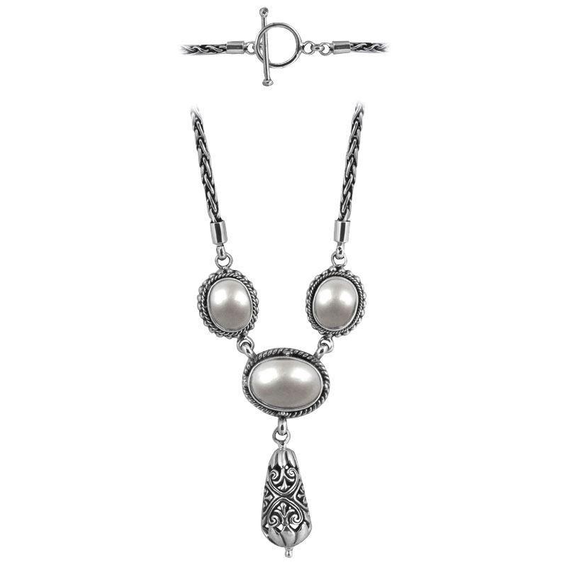 Sterling Silver Bali Handcrafted Mabe Pearl Pendant Necklace With Decorative Finish.