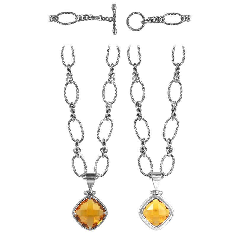 Sterling Silver Bali Handcrafted Citrine Quartz Cushion Pendant Necklace With Twisted Oval Chain.