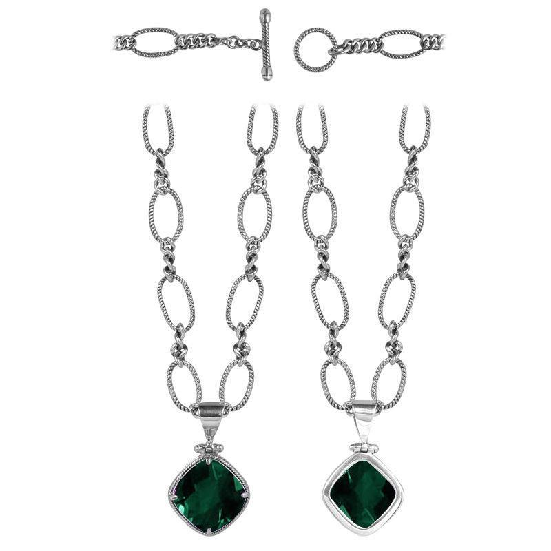 Sterling Silver Bali Handcrafted Green Quartz Cushion Pendant Necklace With Twisted Oval Chain.
