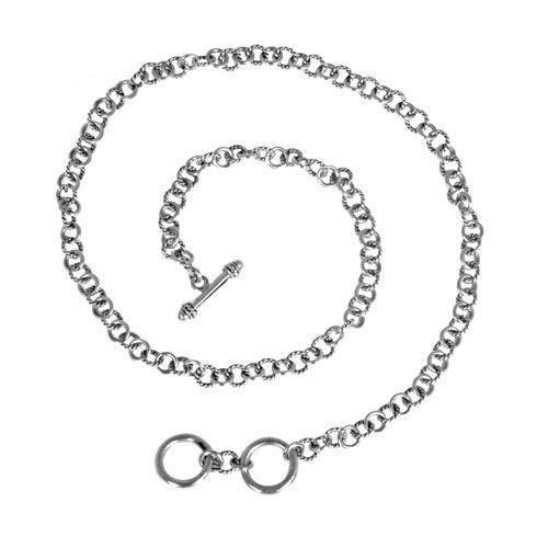 Sterling Silver Bali Handcrafted Round Link Necklace Chain With Toggle Clasp And Decorative Finish.