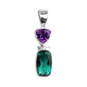 Sterling Silver Pendant Featuring Amethyst And Green Quartz In A Modern Dual-Stone Design.