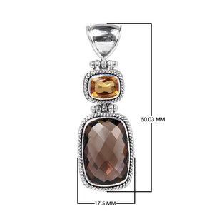 Sterling Silver Pendant Featuring Citrine And Smoky Quartz In Rope-Edge Bezel Frames.