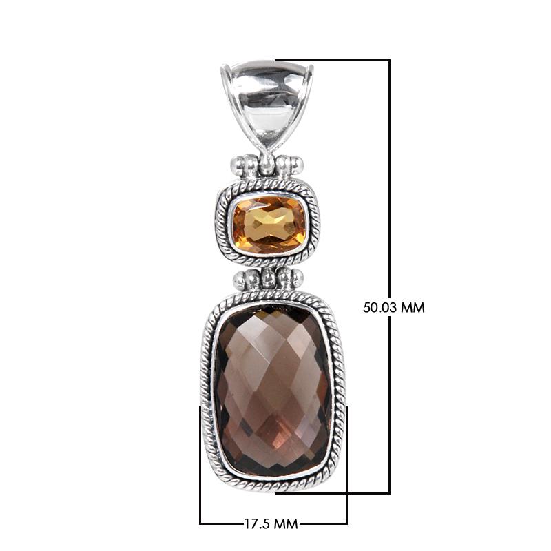 Sterling Silver Pendant Featuring Citrine And Smoky Quartz In Rope-Edge Bezel Frames.
