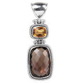 Sterling Silver Pendant Featuring Citrine And Smoky Quartz In Rope-Edge Bezel Frames.