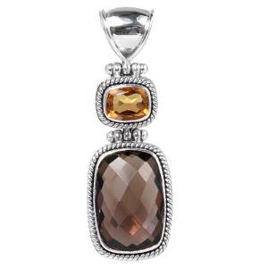Sterling Silver Pendant Featuring Citrine And Smoky Quartz In Rope-Edge Bezel Frames.