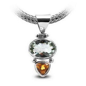 Sterling Silver Pendant With Green Quartz And Citrine Quartz Set In A Dual-Stone Polished Design.