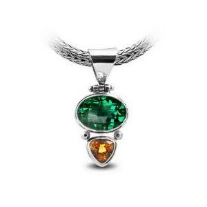 Sterling Silver Pendant Featuring Green Quartz And Citrine Quartz With A Dual-Stone Polished Design.