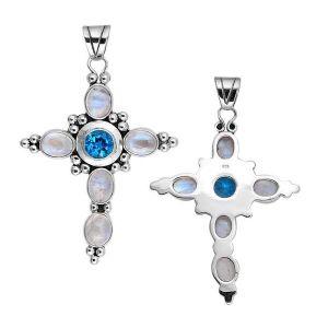 Sterling Silver Cross Pendant Featuring Blue Topaz Quartz And Rainbow Moonstone With Polished Bead Accents.