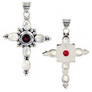 Sterling Silver Cross Pendant Featuring Garnet Quartz And Rainbow Moonstone With Polished Silver Beads.