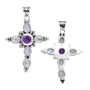 Sterling Silver Cross Pendant Featuring Amethyst Quartz And Rainbow Moonstone With Polished Bead Accents.