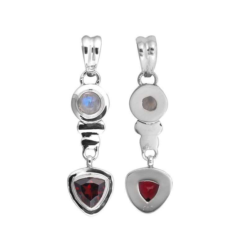 Sterling Silver Drop Pendant Featuring Rainbow Moonstone And Garnet Quartz In A Polished Modern Setting.