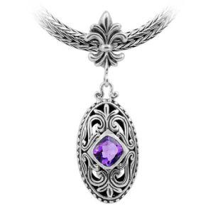 Sterling Silver Ornate Oval Pendant Featuring Amethyst Quartz With Fleur-De-Lis Decorative Bail.