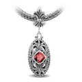 Sterling Silver Ornate Oval Pendant Featuring Garnet Quartz With Fleur-De-Lis Decorative Bail.
