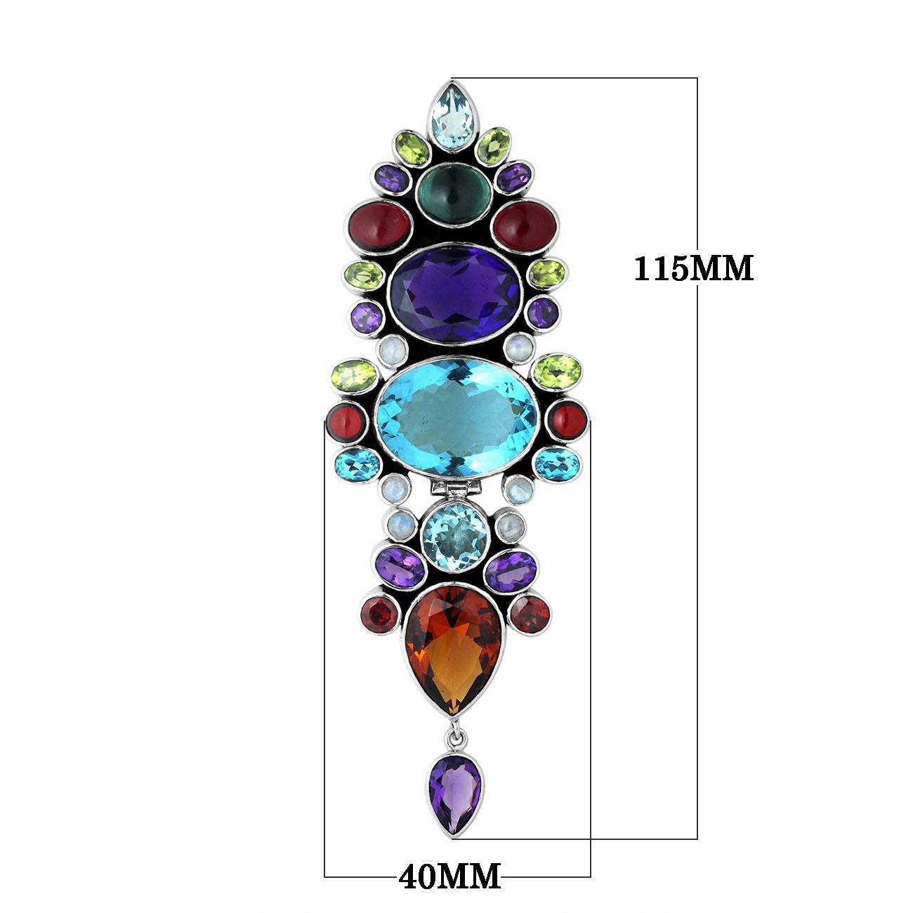 Sterling Silver Vertical Multi-Stone Pendant With Mixed Quartz And Balinese Artisan Detailing.
