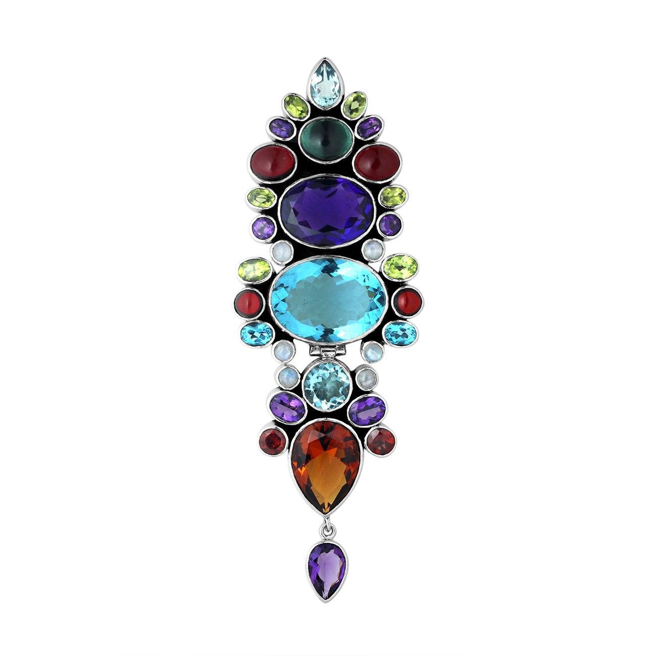 Sterling Silver Vertical Multi-Stone Pendant With Mixed Quartz And Balinese Artisan Detailing.
