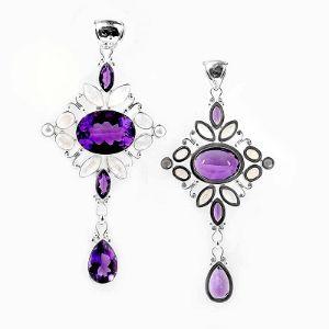 Sterling Silver Geometric Pendant With Amethyst Quartz, Rainbow Moonstone And Mother Of Pearl.