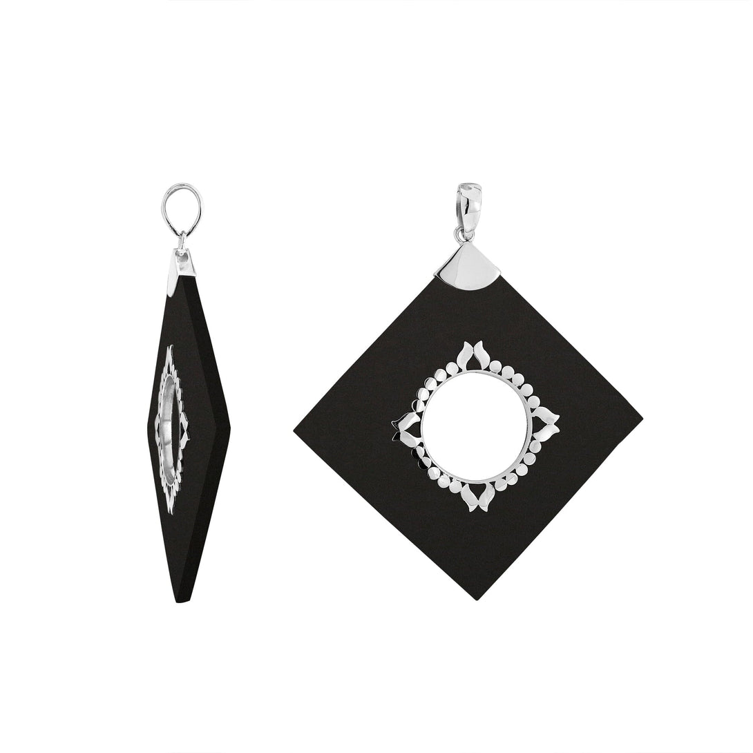 SP-5214-SHB Sterling Silver Diamond Square Shape Pendant With Black Shell Jewelry Bali Designs Inc 