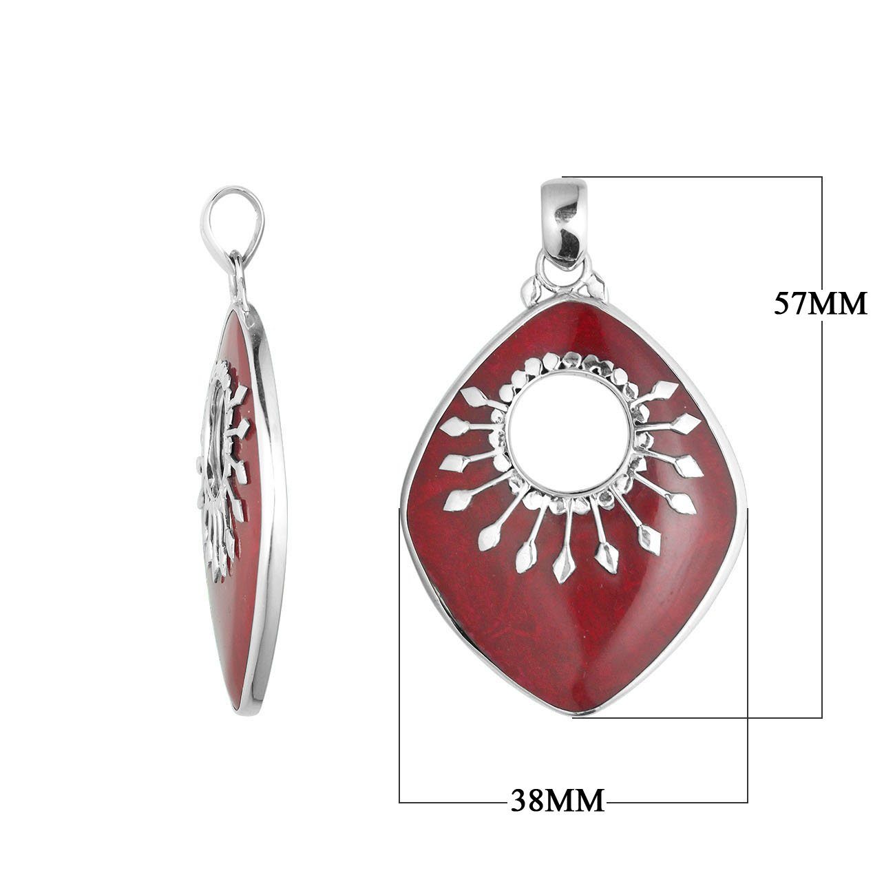 Sterling Silver Shield-Shaped Pendant Featuring Red Coral With Sunburst Medallion.