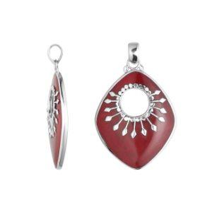 Sterling Silver Shield-Shaped Pendant Featuring Red Coral With Sunburst Medallion.
