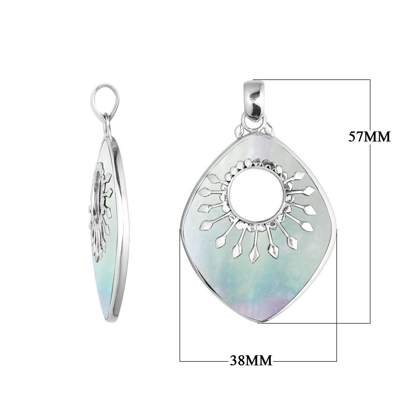 Sterling Silver Shield-Shaped Pendant Featuring Mother Of Pearl With Sunburst Medallion.