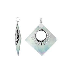 Sterling Silver Diamond Pendant Featuring Mother Of Pearl With Sunburst Medallion.