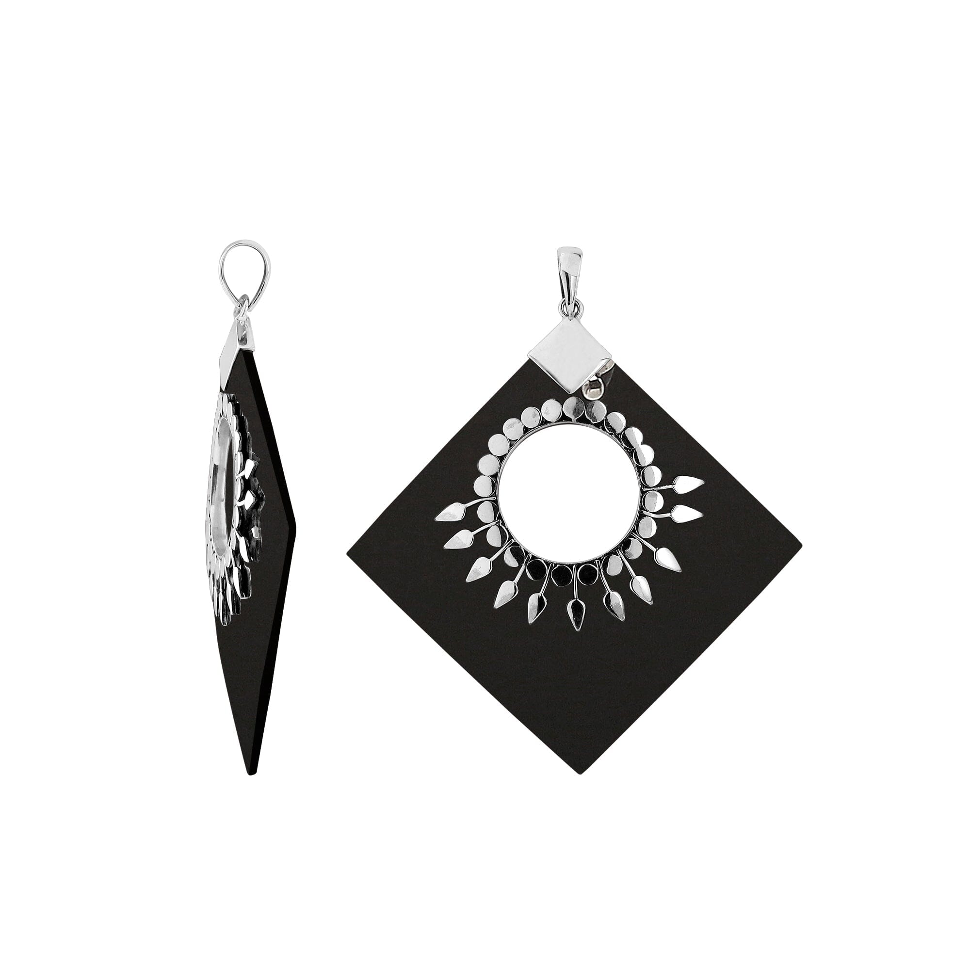 Sterling Silver Diamond Pendant Featuring Black Shell With Sunburst Medallion.