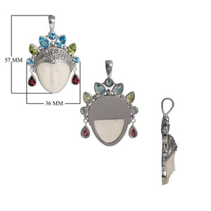 Sterling Silver Bone Face Pendant With Multi Quartz Crown And Balinese Detailing.