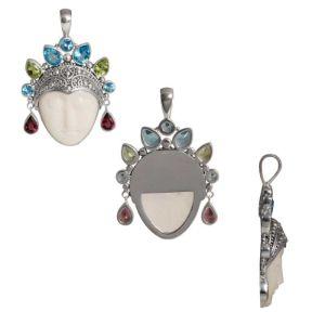 SP-5263-CO1 Sterling Silver Pendant With Peridot, Garnet, Bone Face, Blue Topaz Jewelry Bali Designs Inc 
