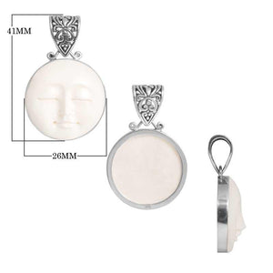 Sterling Silver Bone Face Round Pendant With Ornate Balinese Scrollwork Bail.
