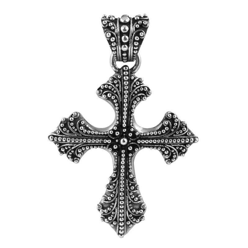 Intricately Detailed Oxidized Sterling Silver Ornate Cross Pendant With Beaded Motifs.