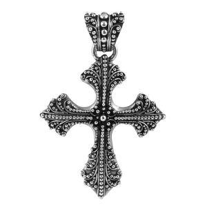 Intricately Detailed Oxidized Sterling Silver Ornate Cross Pendant With Beaded Motifs.