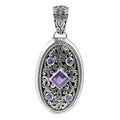 Sterling Silver Balinese Oval Pendant With Amethyst Quartz And Intricate Scroll Detailing.