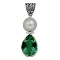 Sterling Silver Pendant With Mabe Pearl And Green Quartz In Teardrop Balinese Design.