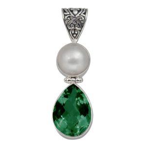 Sterling Silver Pendant With Mabe Pearl And Green Quartz In Teardrop Balinese Design.