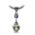 Sterling Silver Pendant With Amethyst Quartz And Green Quartz In Balinese Teardrop Design.