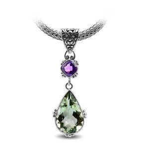 Sterling Silver Pendant With Amethyst Quartz And Green Quartz In Balinese Teardrop Design.