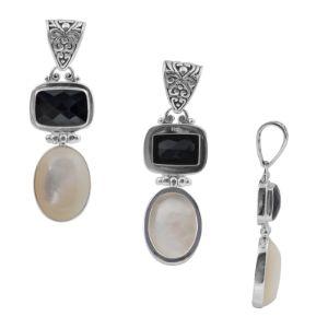 Sterling Silver Pendant With Black Onyx And Fresh Water Pearl In Dual-Drop Balinese Design.