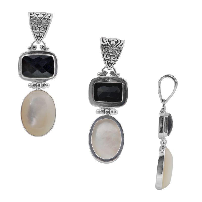 Sterling Silver Pendant With Black Onyx And Fresh Water Pearl In Dual-Drop Balinese Design.