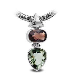 Sterling Silver Pendant With Smoky Quartz And Green Amethyst Quartz In Two-Stone Balinese Design.